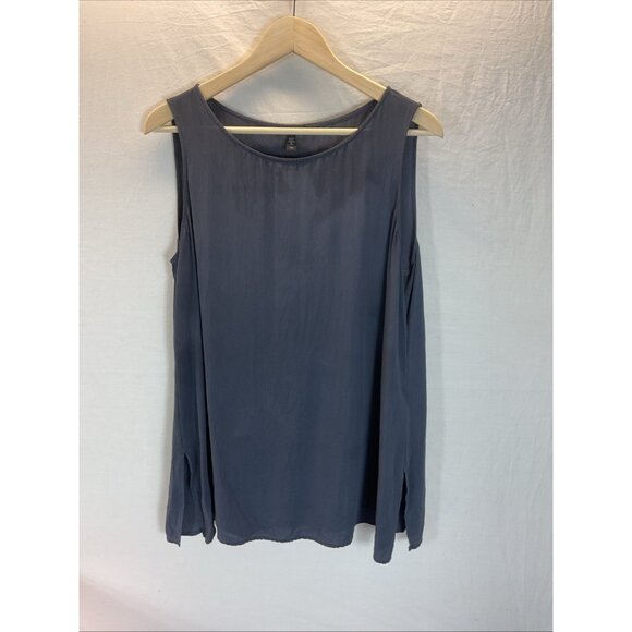 Eileen Fisher Black Silk Georgette Crepe Bateau Neck Long Tunic Top Shell L Read - Picture 1 of 11